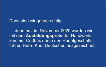 Dann sind wir genau richtig …  … denn erst im November 2020 wurden wir  mit dem Ausbildungspreis der Handwerks- kammer Cottbus durch den Hauptgeschäfts- führer, Herrn Knut Deutscher, ausgezeichnet.